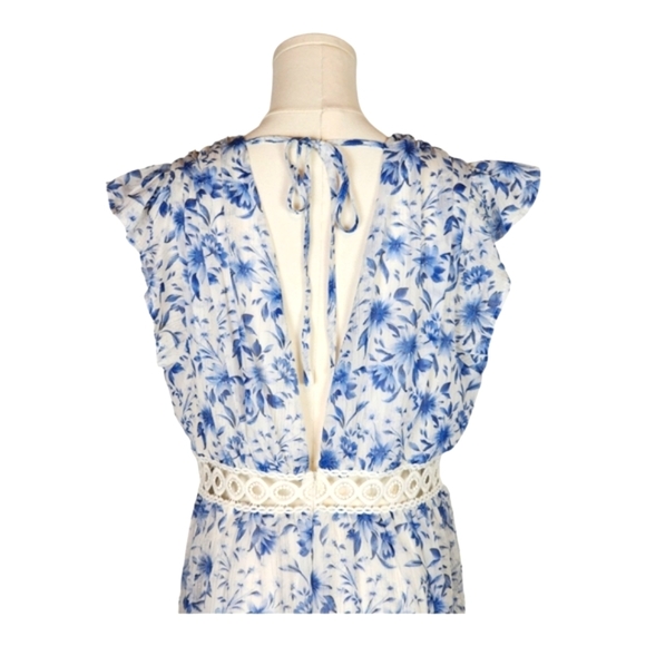 Lulus Make Things Shine White Blue Floral Midi Lightweight Flowy Dress L - Picture 7 of 16